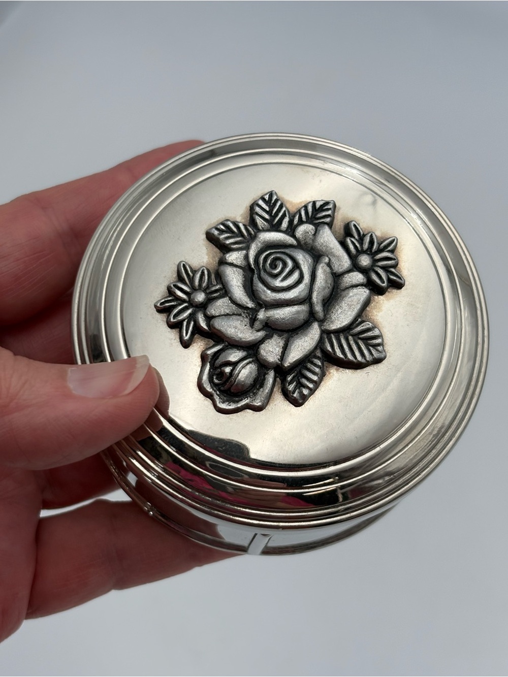 Vintage Silver-Plated Floral Round Box - Silver Rose Accent - Picture 9 of 11